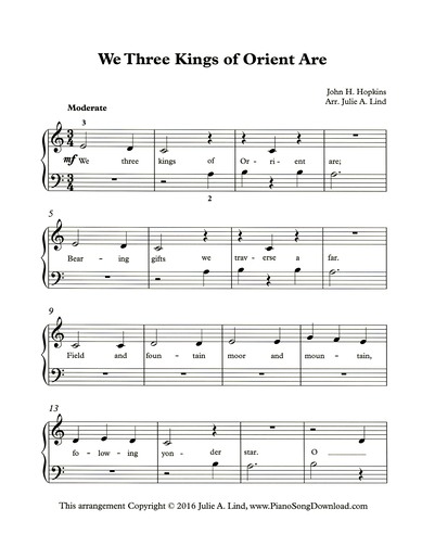 We Three Kings of Orient Are - Free easy Christmas piano sheet music with words