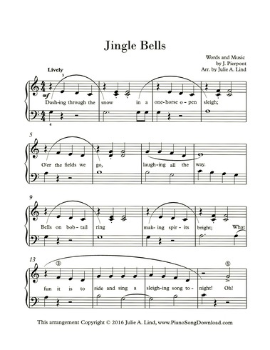 Jingle Bells: free early intermediate Christmas piano sheet music with lyrics