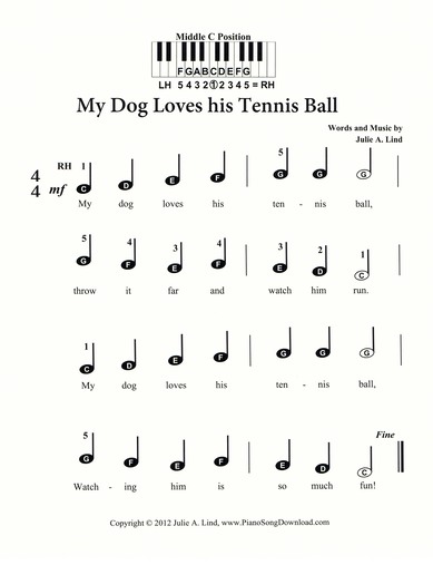 My Dog Loves His Tennis Ball | pre-staff music with letters