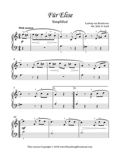 Fur Elise by Beethoven: Simplified version, printable piano sheet music