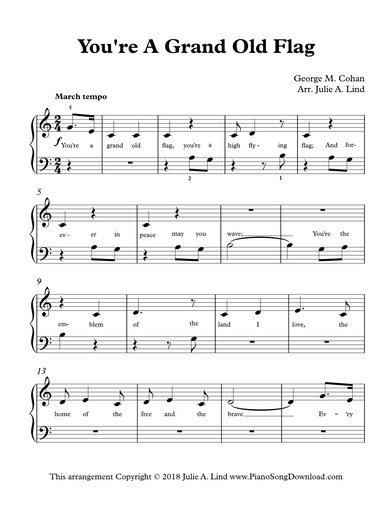 You Re A Grand Old Flag Easy Patriotic Piano Sheet Music With Lyrics
